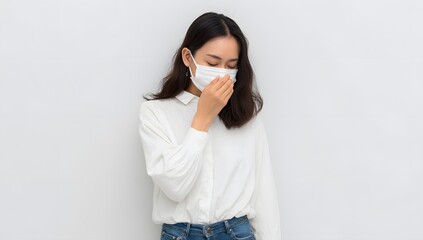 Asian woman sneezing with face mask on for cold or allergy prevention