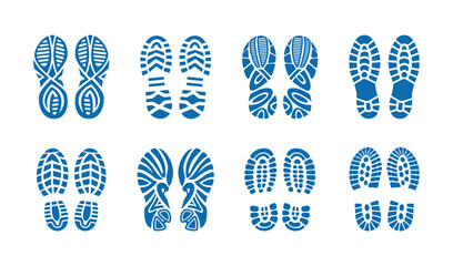 Shoe print set in blue color, featuring various sole patterns and footwear designs.