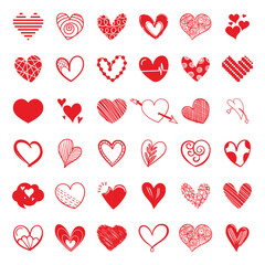 Hand drawn red hearts doodles collection, Hearts Shapes Icons.