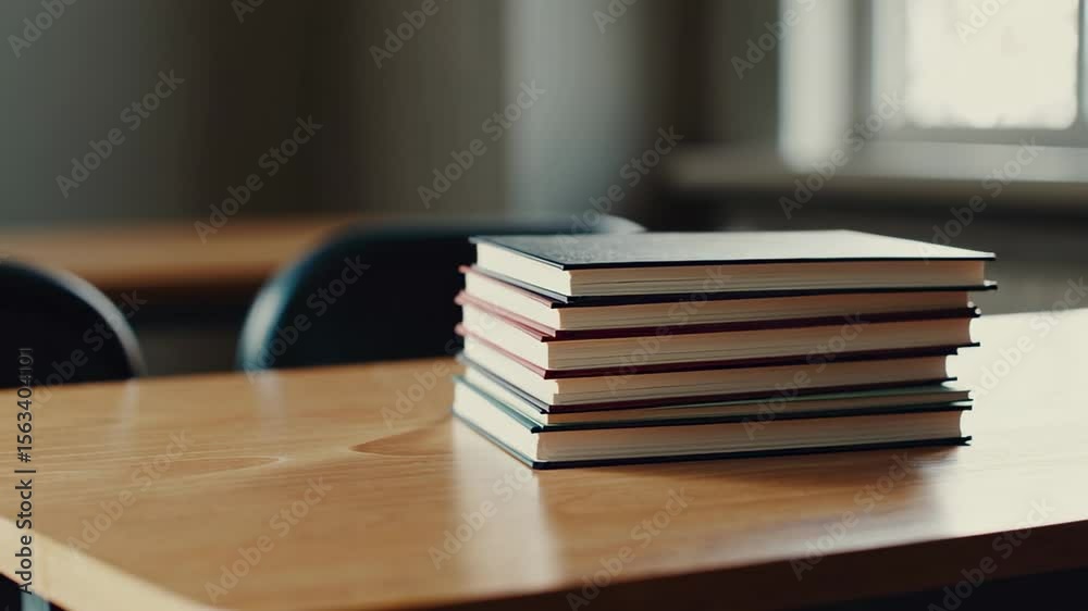 Poster Several textbooks are neatly stacked on a desk in a vacant classroom, illuminated by natural light from a nearby window, creating a serene back to school atmosphere
