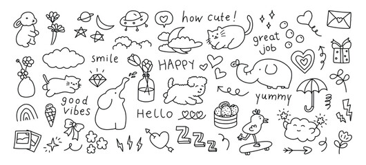 Whimsical blackandwhite doodle collage featuring assorted kawaiistyle drawings and positive words