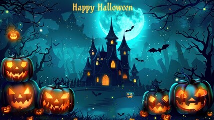 Halloween background, pumpkins on the background of a spooky castle at night. 