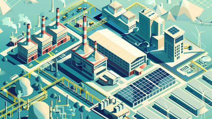 Clean energy meets industry in an isometric rendering with solar panels, wind turbines, factories, and urban architecture.