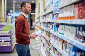 Man Shopping in Pharmacy Aisle for Personal Care Products