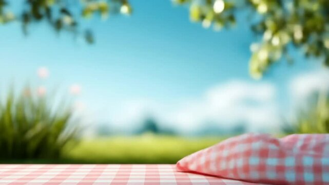 A pink and white checkered picnic blanket drapes over a surface, with a blurred outdoor scene of greenery and blue sky in the background.
