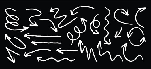White handdrawn arrows on a black background in various shapes and directions
