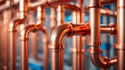 Closeup of copper pipes of heating system in boiler room. HVAC service.