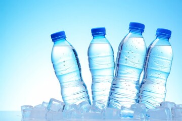 Naklejka premium Cold water bottles resting on ice cubes on light blue background.