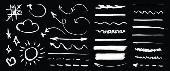 White doodle graphic set shapes lines arrows on black
