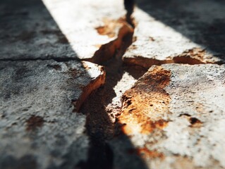 Fototapeta premium Closeup of Cracked Concrete With Rusty Patches and Sunlight