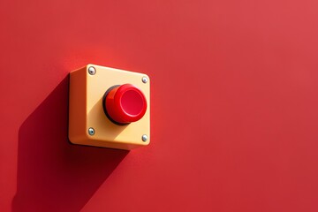 A red emergency stop button mounted on a yellow base against a bright red wall, photographed close-up with strong lighting and shadows in industrial style