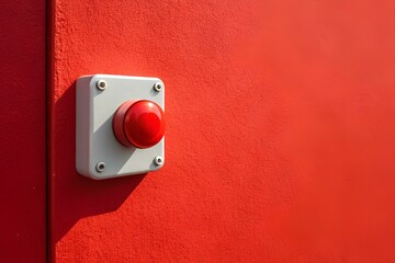 Emergency stop button installed on a vivid red wall, capturing industrial safety design and urgent control measures in a modern environment with strong lighting