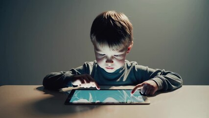 Young student concentrating while using digital tablet during educational activity, engaging with interactive learning content in dimly lit classroom environment - Powered by Adobe