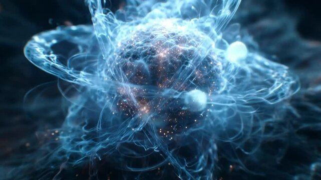 A swirling, luminous blue cloud with orange sparks and a smaller sphere orbits within a darker background.