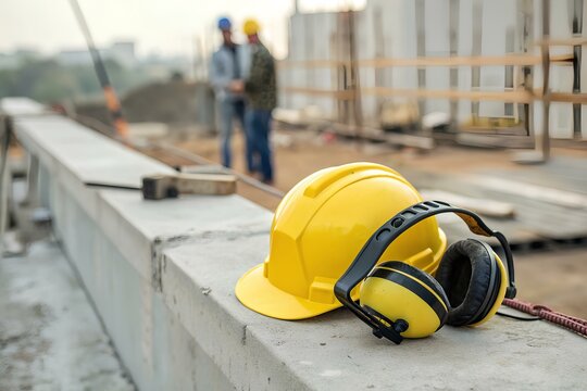Yellow construction helmet and earmuffs on concrete block with workers in background, showcasing industrial safety gear in real working environment at building site