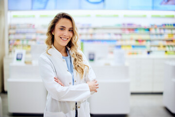 Smiling Female Pharmacist Standing Confidently in a Modern Drugstore Environment