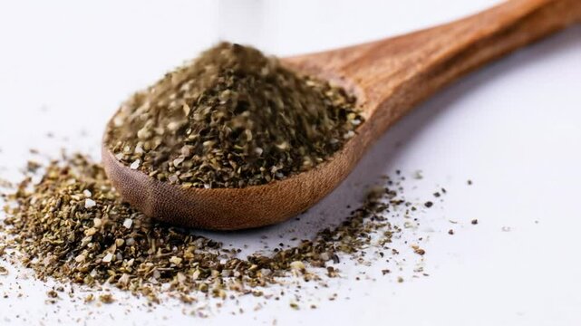 A wooden spoon holds a mound of za'atar, a Middle Eastern spice blend, on a white surface, with some scattered around it.