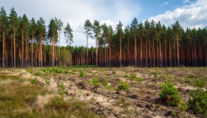 Forest edge rewilding area featuring diverse ground cover, uneven earth, and emerging young trees in varied height layers