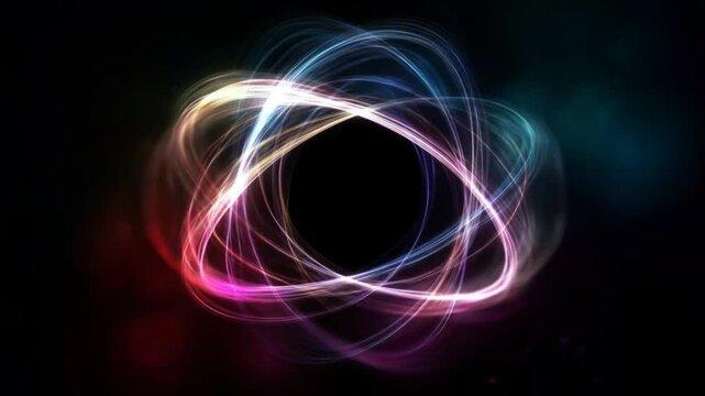 Bright, swirling lines of pink, blue, and white light create an oval shape against a dark background.