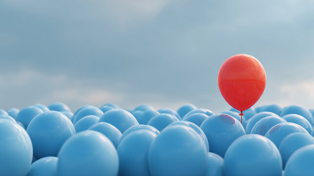 A single red balloon floats above a sea of blue, representing individuality.