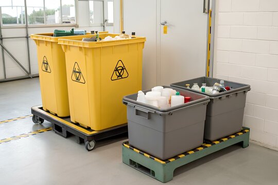 Industrial yellow hazardous waste bins and grey recycling containers with plastic bottles and lab items, placed in a secure indoor facility environment