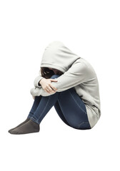 Depressed hooded girl in fetal position with transparent background