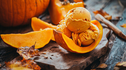 Pumpkin vegetable ice cream with nutmeg and maple syrup. Scoops served in peeled pumpkin slices lying on rustic wooden background. Autumn aesthetic.