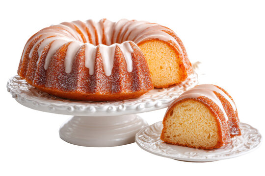 Delicious glazed bundt cake on white cake stand sweet treat dessert bakery food photography, isolated on a transparent background