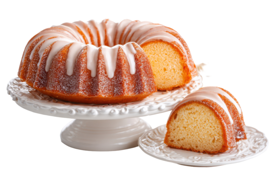 Delicious glazed bundt cake on white cake stand sweet treat dessert bakery food photography, isolated on a transparent background