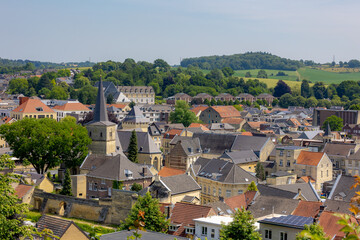 Overview of adorable little town village on hillside with mountains, farmland, Valkenburg is a town in the Dutch municipality of Valkenburg aan de Geul, Located in the South Limburg Hills, Netherlands
