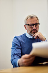 Senior Man Reading Documents While Sitting at a Desk in an Office