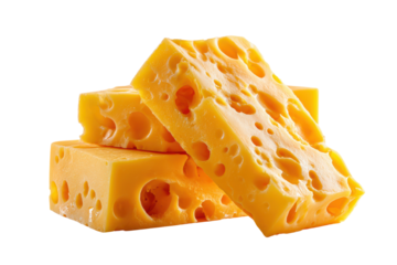 Delicious Swiss Cheese Blocks Golden Yellow Dairy Product isolated on a transparent background