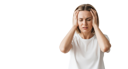 Woman experiencing a terrible headache, feeling stressed and in physical pain
