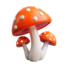 3d cartoon mushrooms with white dots isolated on transparent background
