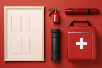 Flat lay composition of a red emergency preparedness kit with fire extinguisher, flashlight, and evacuation plan on red background for office safety training