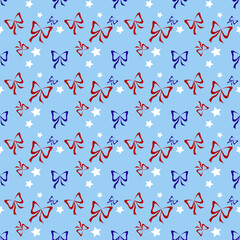 Obraz premium red and blue bows interspersed with white stars on a light blue background. This design is often associated with patriotic themes, particularly the Fourth of July in the United States