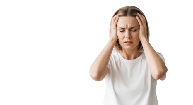 Woman experiencing a terrible headache, feeling stressed and in physical pain