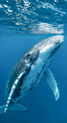 Naklejka premium Close underwater shot of a humpback whale’s head and body in clear blue water, highlighting skin texture and barnacles.