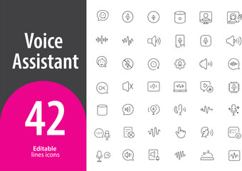 Voice Assistant Line Icons, Smart Speaker, Microphone, AI Bot, Voice Command, Sound Wave, Editable Formats: AI, EPS, JPG, PNG, Ideal for Both Digital and Print Use
