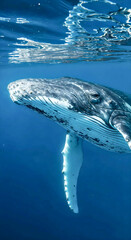 Fototapeta premium Close underwater shot of a humpback whale’s head and body in clear blue water, highlighting skin texture and barnacles.
