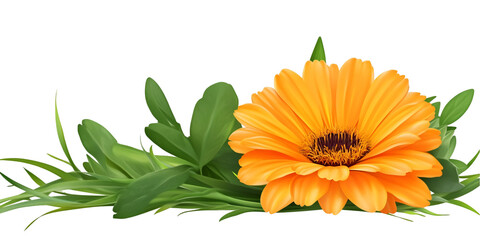Calendula Flower with Leaf Group on Transparent Background