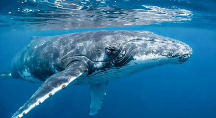 Close underwater shot of a humpback whale&rsquo;s head and body in clear blue water, highlighting skin texture and barnacles.