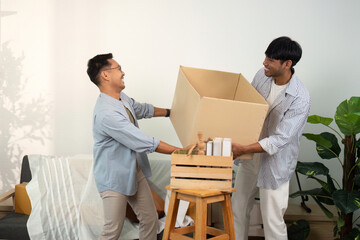 Gay couple collaborating on home organization with laughter