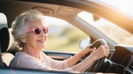 Elderly woman driving a car, wearing pink sunglasses and smiling
