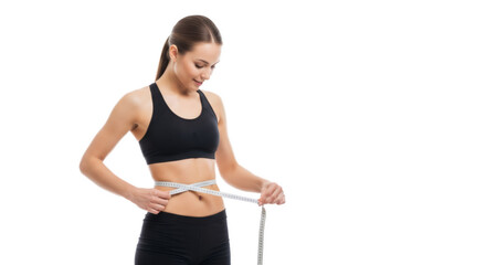 Fit woman measures her waist with a tape, isolated with transparent background.