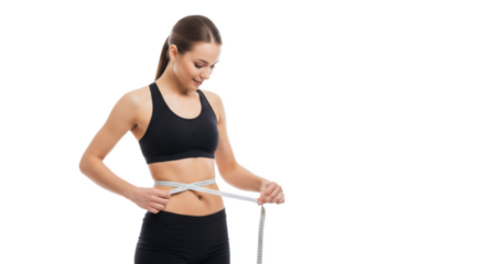 Fit woman measures her waist with a tape, isolated with transparent background.