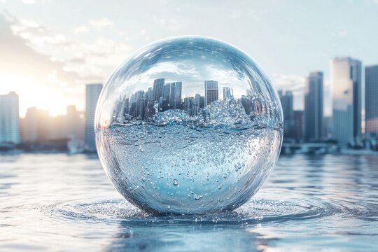 Futuristic cityscape reflected inside transparent water sphere with air bubbles floating on urban water surface at sunrise.Conceptual digital illustration sustainability,environment,urban development