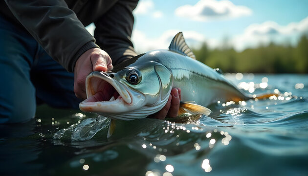 Freshwater trout caught: fish on hook, in hand, and in net