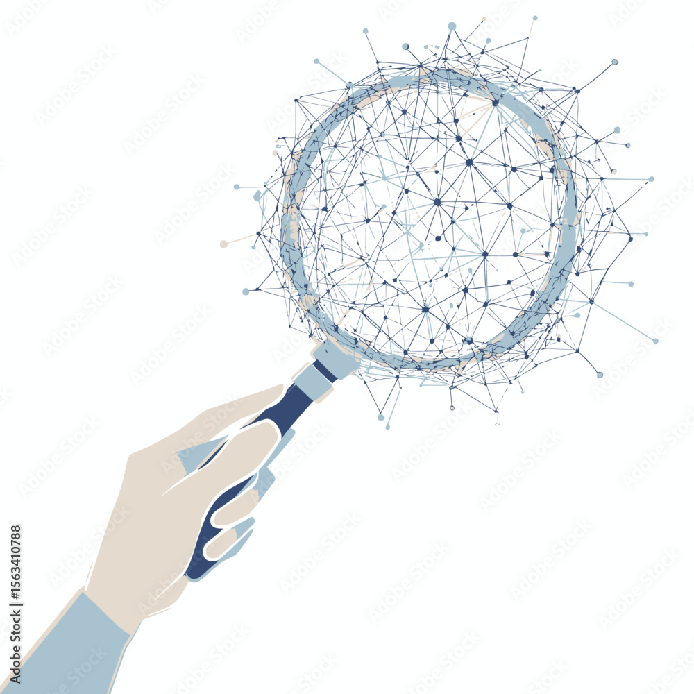 Wall mural polygonal hand holding magnifying glass with connected network nodes and lines abstract digital tech