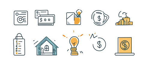 Hand drawn financial icons set with loan paperwork, credit card, key, dollar coin, bar chart, shopping bag, house, light bulb, and calculator doodle elements for banking and investment concepts